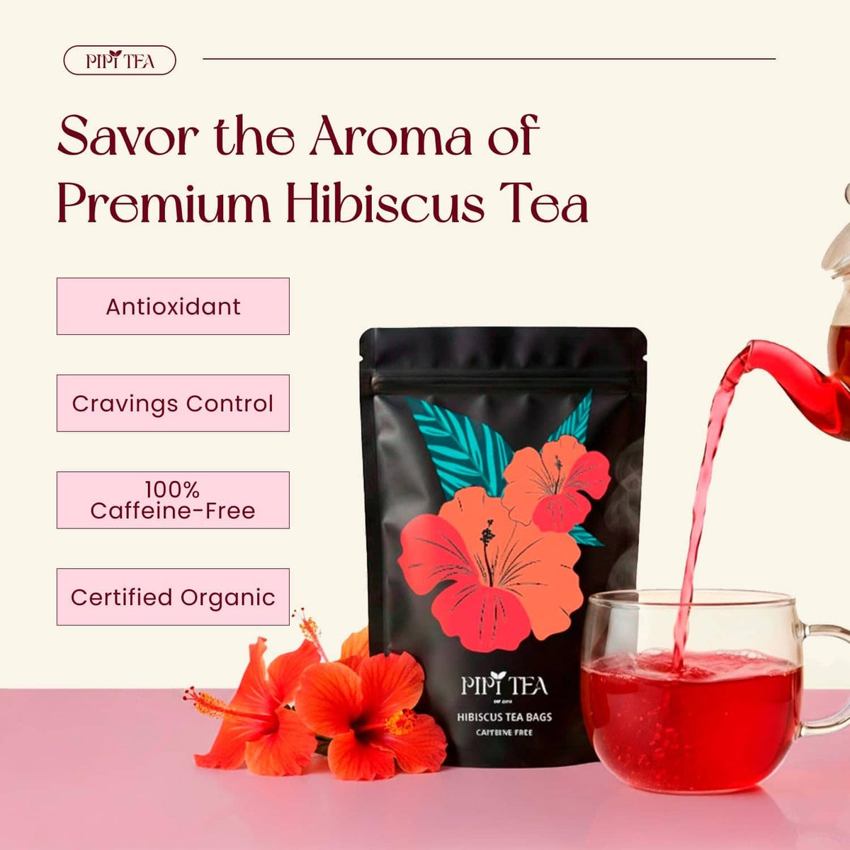 Caffeine-free hibiscus tea pouch with ruby-red tea in glass and hibiscus flowers