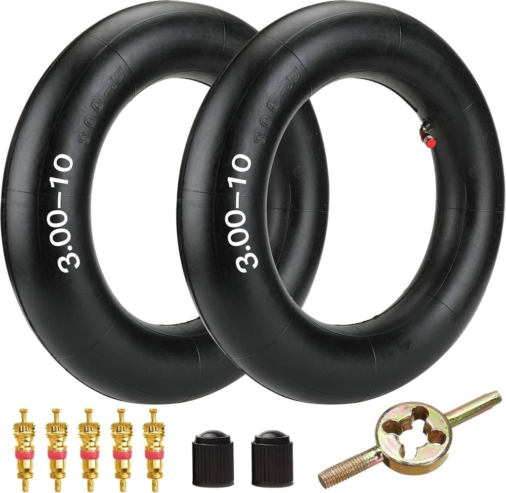 Pair of black inner tubes with red-tipped valve stems for 3.00-10 tires