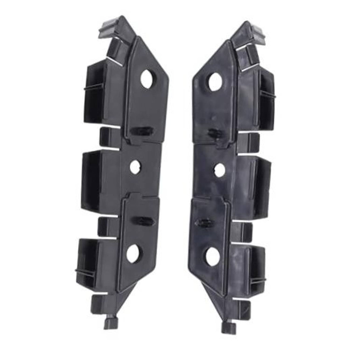 Pair of front bumper bracket retainer mounts, dark plastic with mounting holes