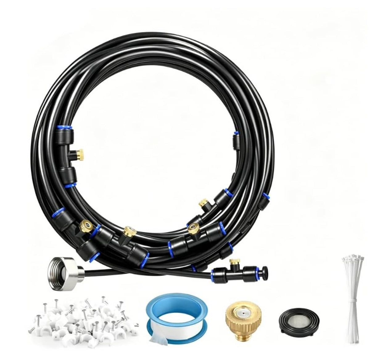 Pre-assembled misting system kit: coiled black hoses, nozzles, and connectors