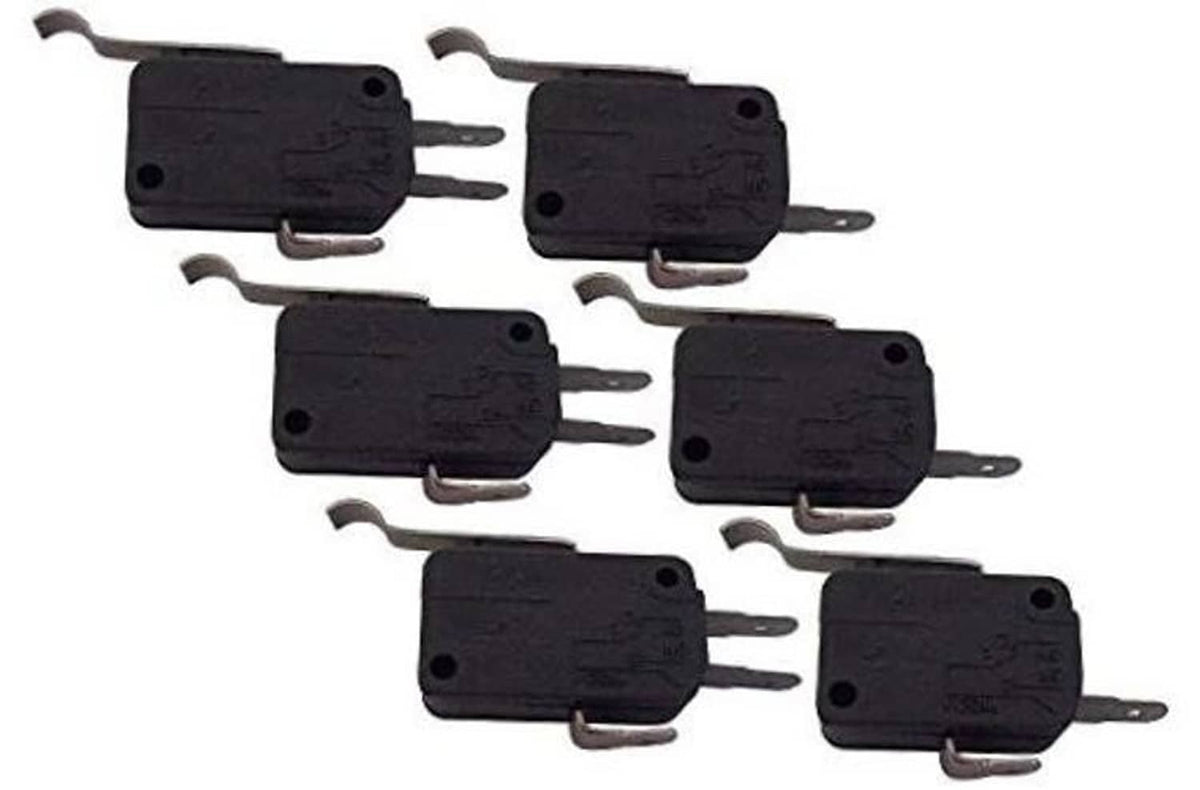 Set of 6 black 3-prong micro switches with lever terminals, compact rectangular housings