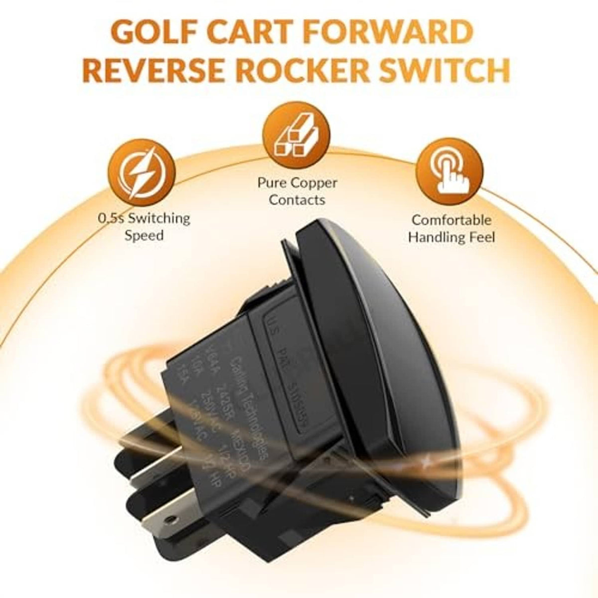 Forward/reverse rocker switch with black housing and rocker marked with F and R