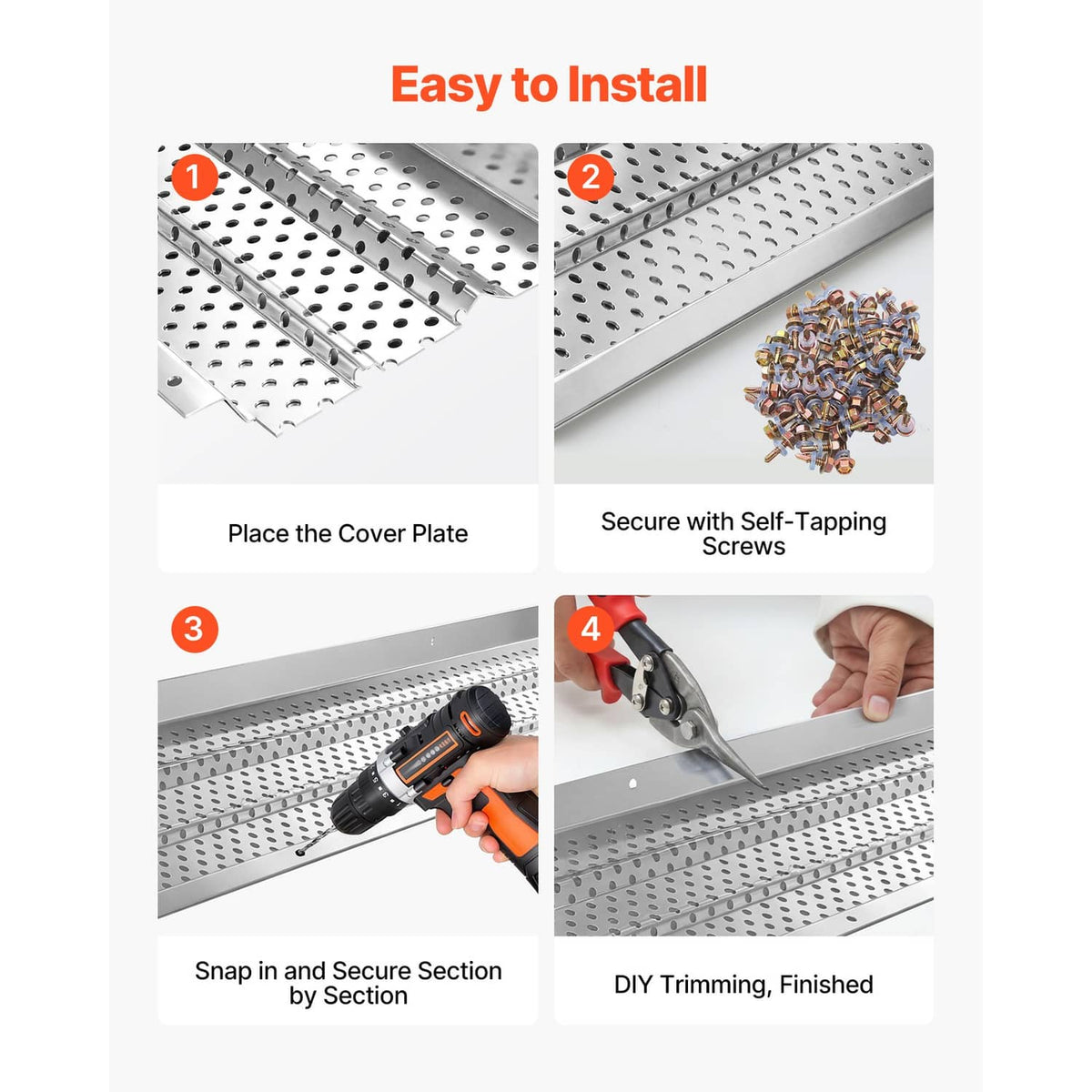 Perforated aluminum gutter leaf guard with self-tapping screw installation shown