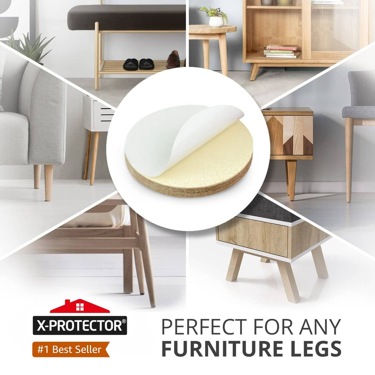 Round beige felt furniture pad with white adhesive backing