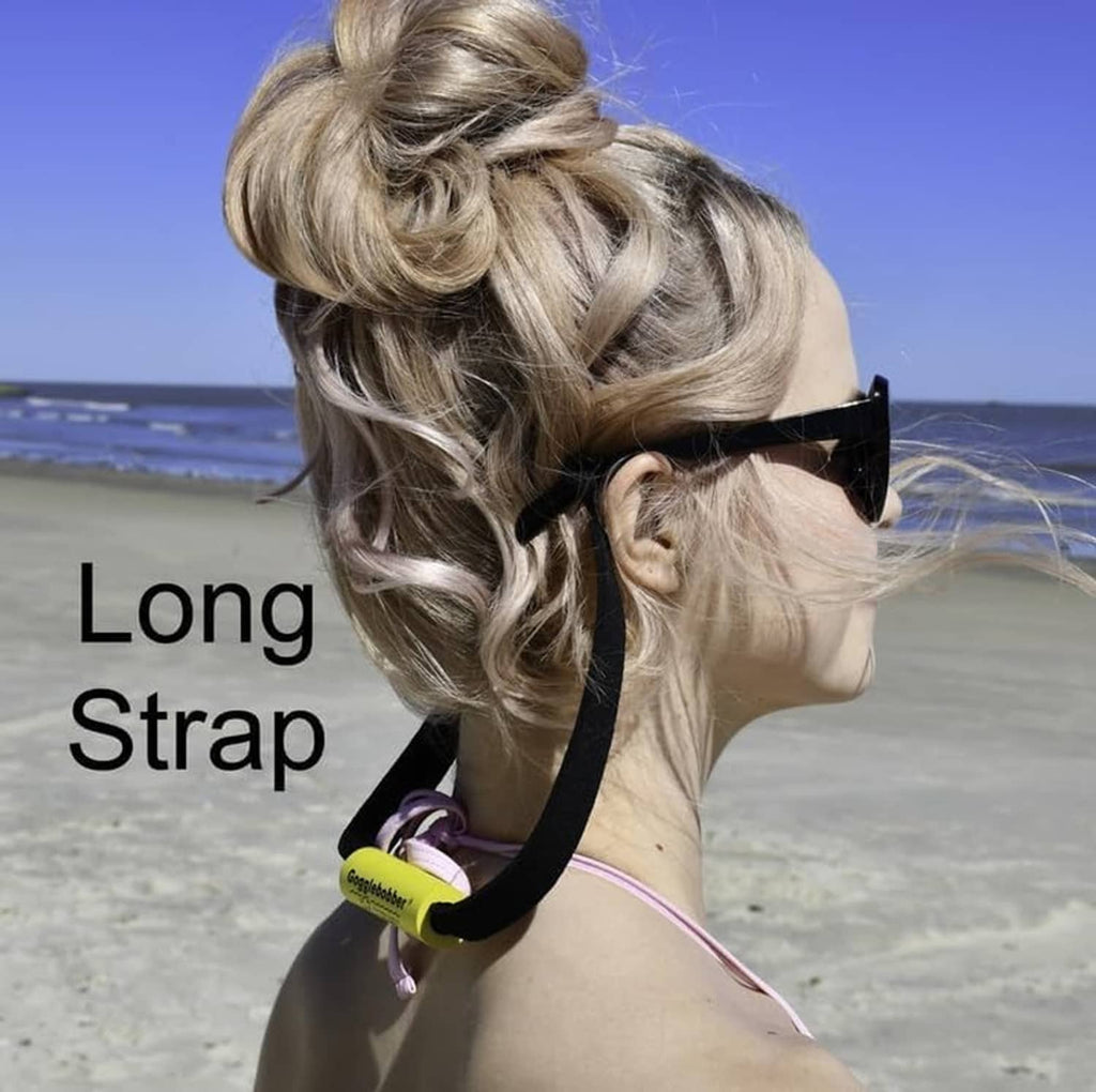 Long elastic eyewear retainer strap with black band and yellow floating section