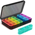 Weekly pill organizer case with colorful daily compartments and clear snap lid