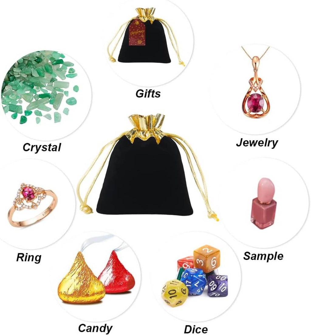 Black velvet drawstring pouch with gold cords and gold-trimmed top