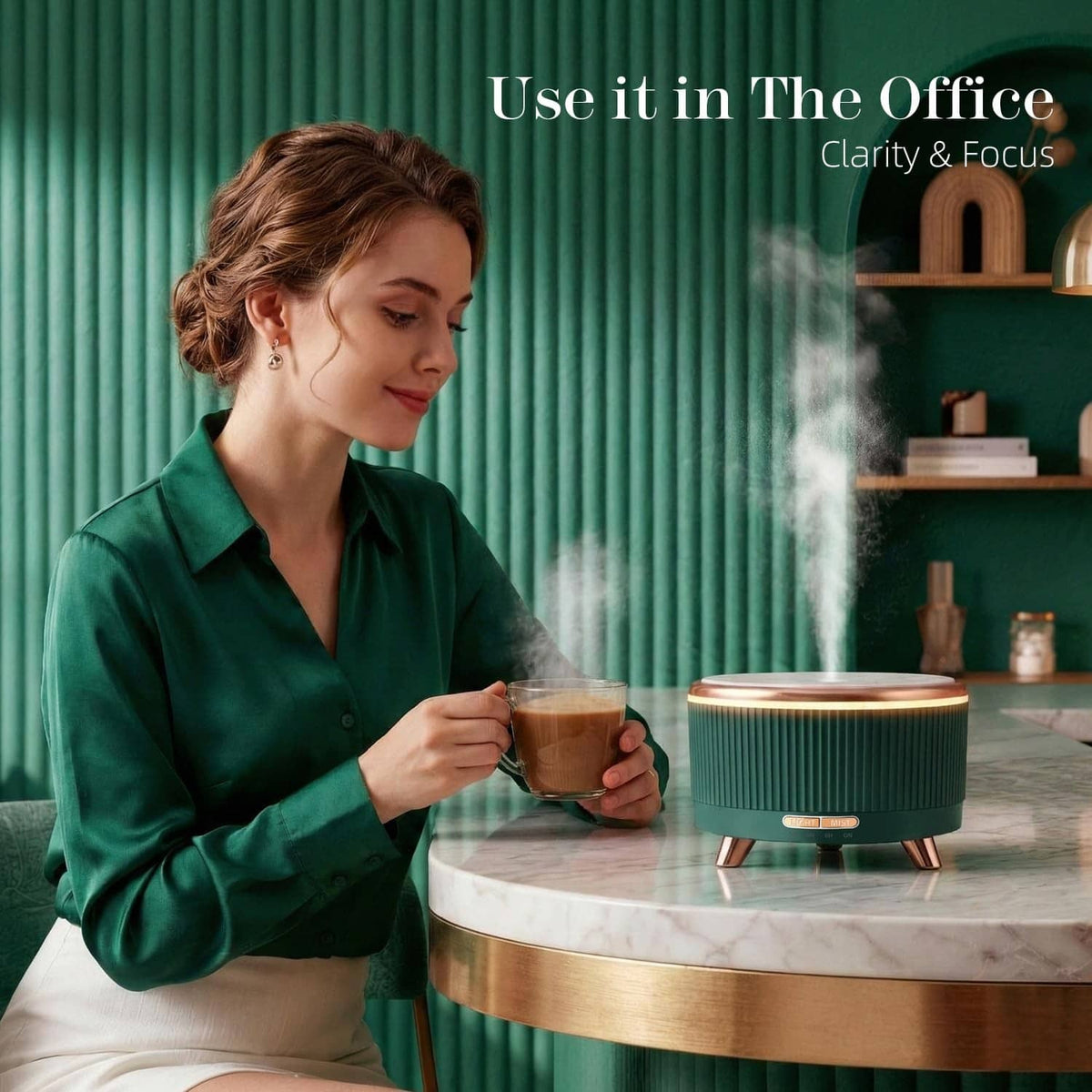 Teal essential oil diffuser on table with rising mist and copper feet