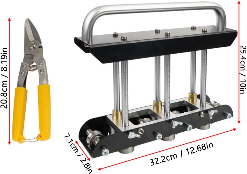 Three-station edge roller sheet metal bender with compact roller head and yellow pliers