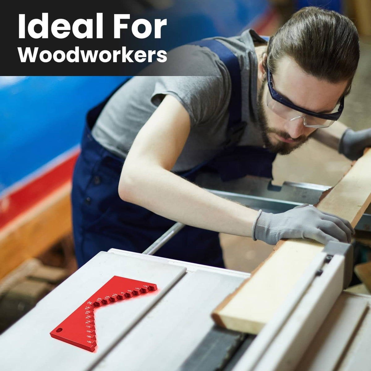 Red table saw height gauge placed on wood for thickness measurement