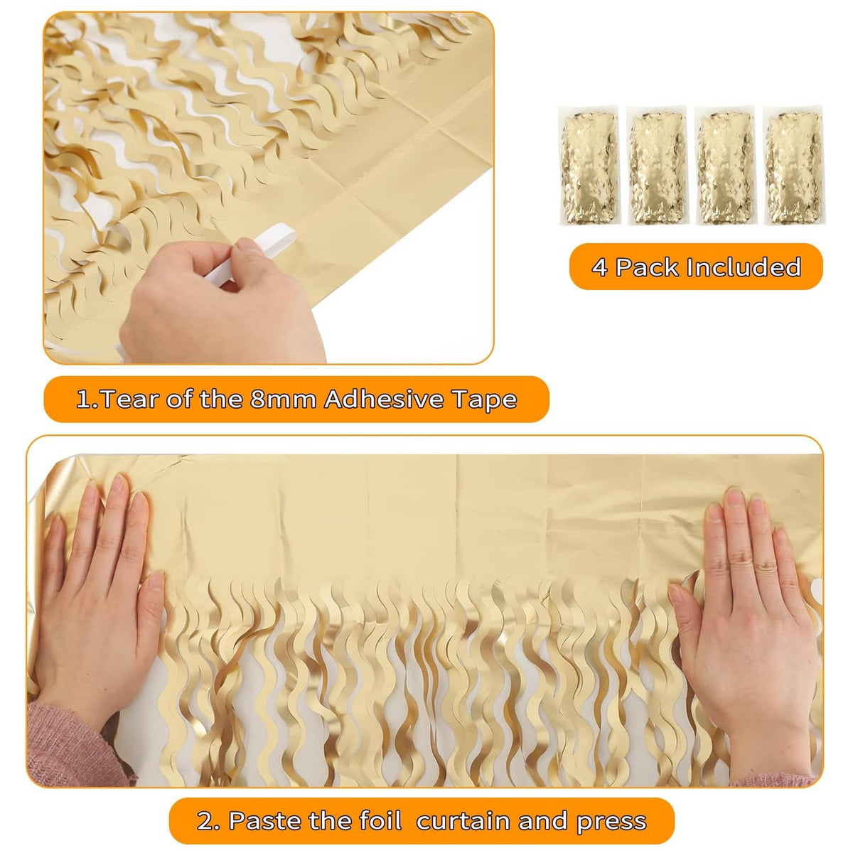Champagne gold metallic tinsel foil curtain with included adhesive tape instructions