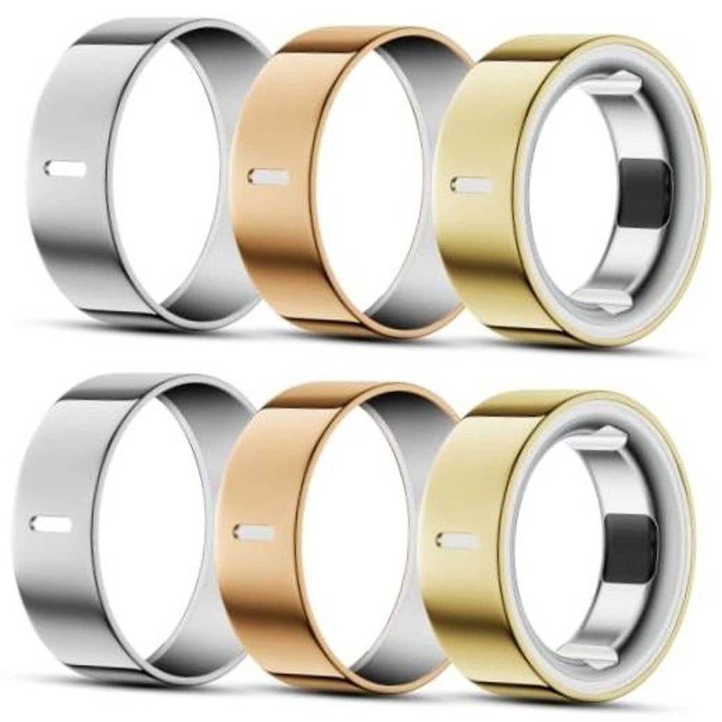 6-pack ring covers in silver, gold, and champagne finishes with circular openings