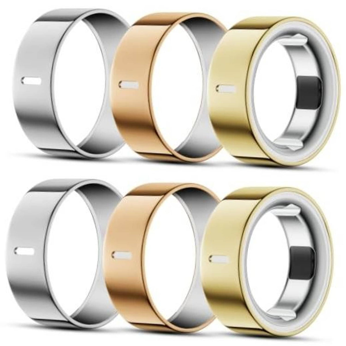 6-pack ring covers in silver, gold, and champagne finishes with circular openings