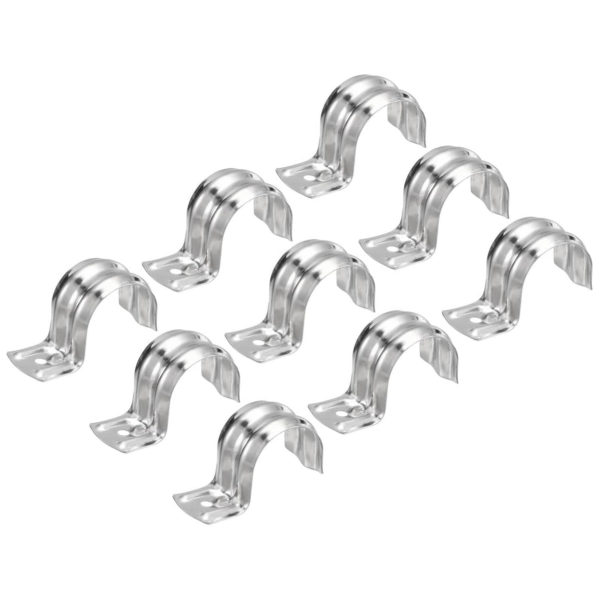 Silver rigid one-hole pipe straps, U-shaped metal brackets for 1-inch pipe