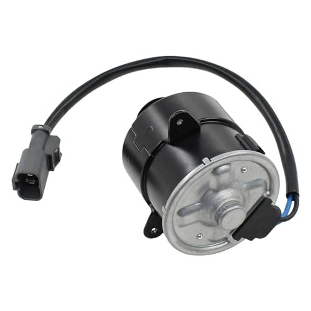 Engine radiator cooling fan motor with metal end plate and black wiring harness