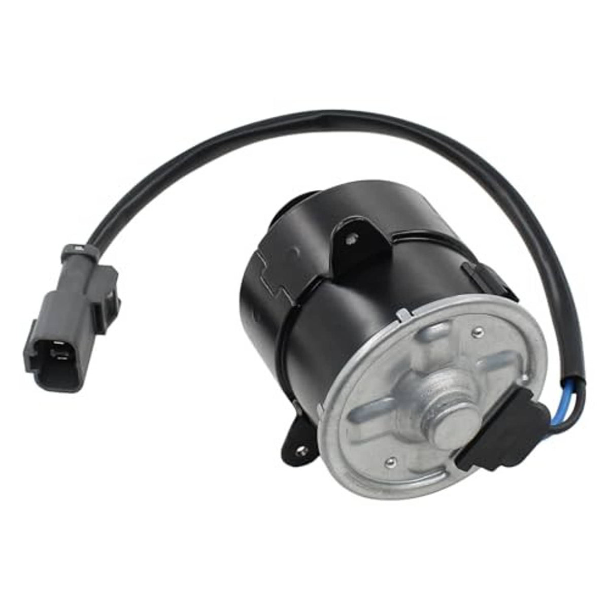 Engine radiator cooling fan motor with metal end plate and black wiring harness