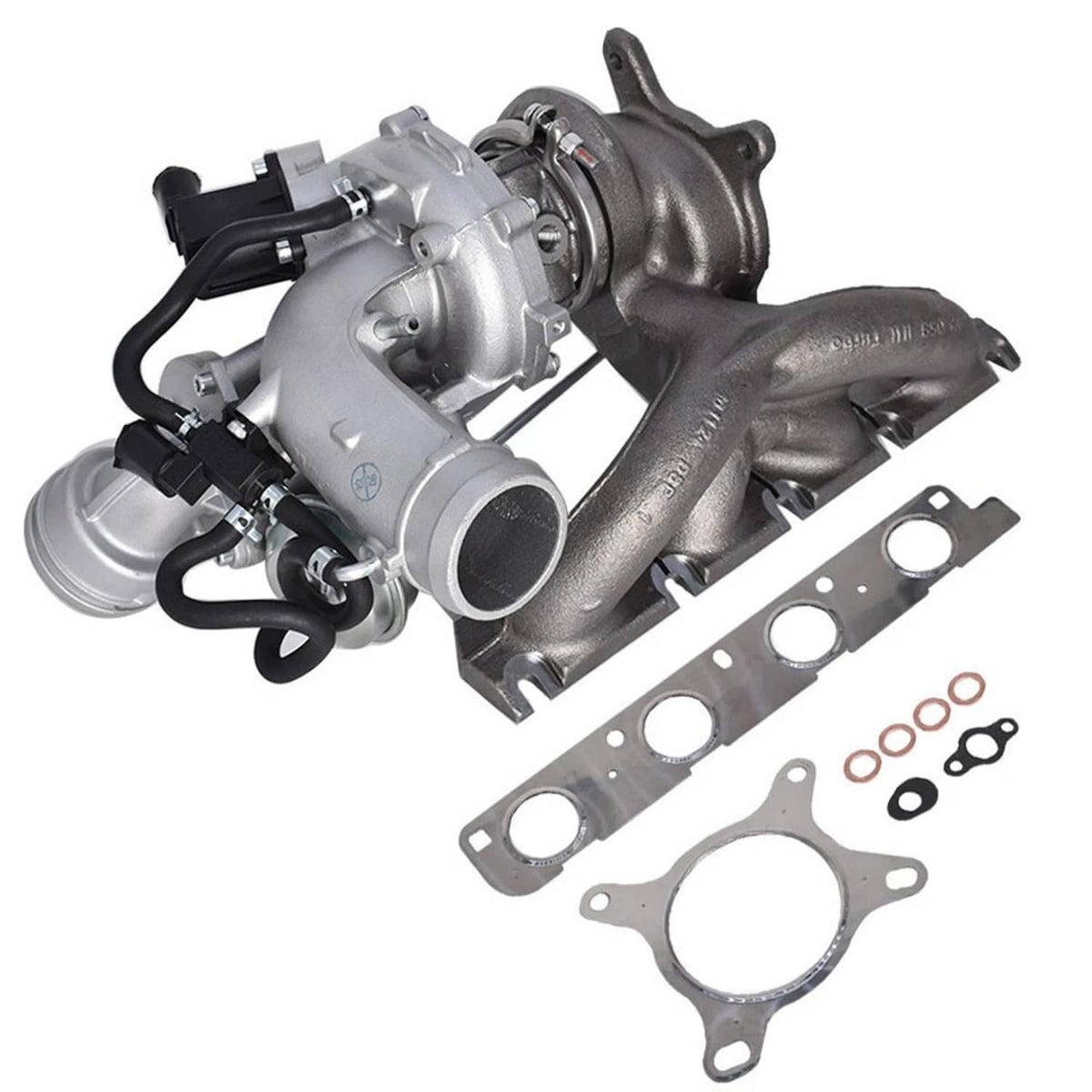 Turbocharger assembly with exhaust manifold, wiring, and multiple gaskets