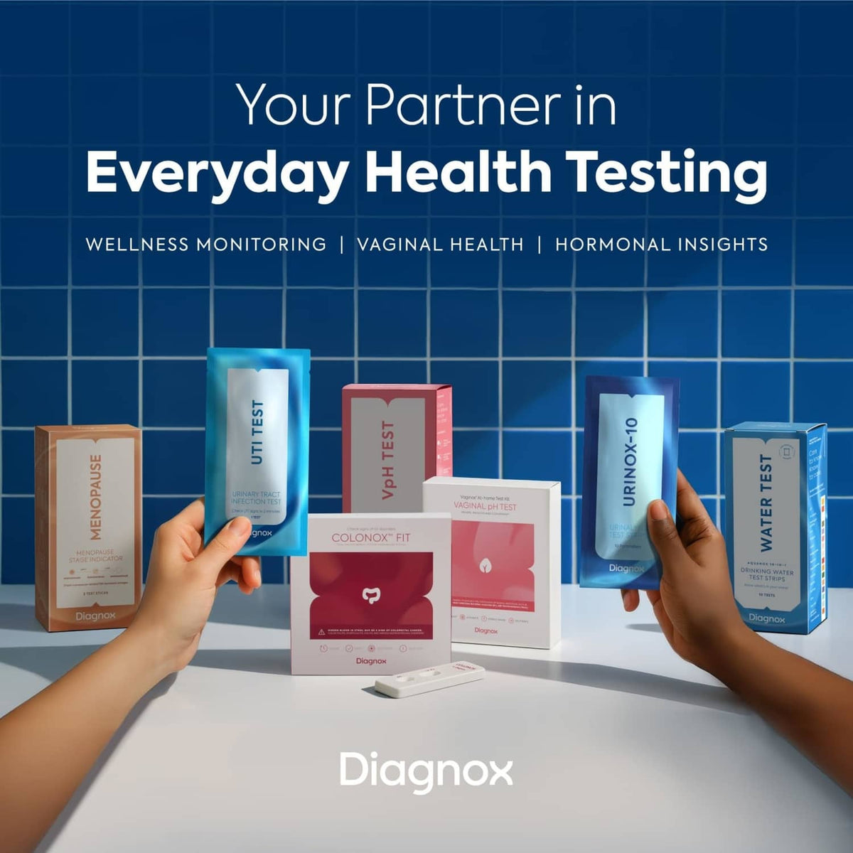 Assorted home health test boxes, including urine protein test strips