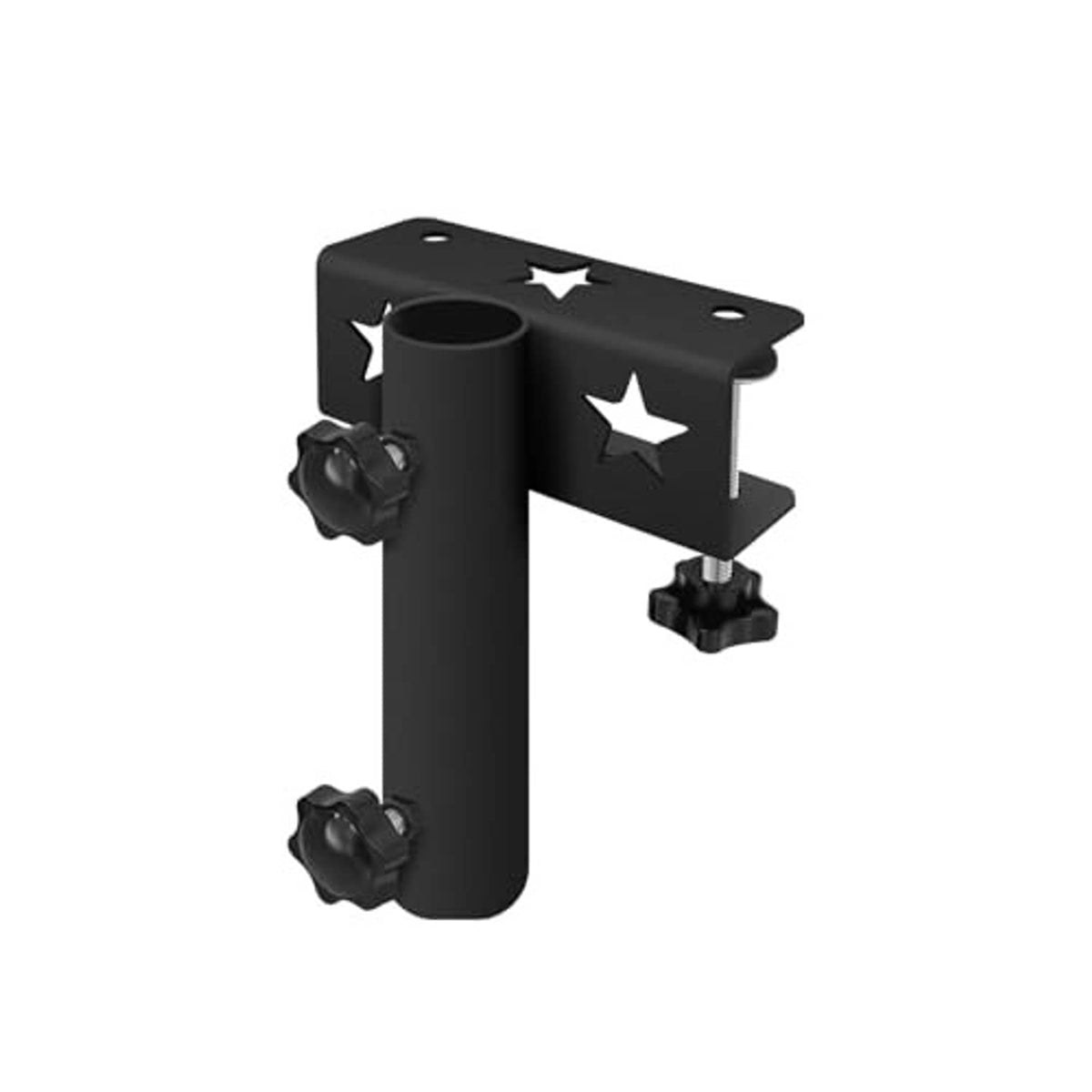 Black side flag pole mount with two adjustable clamps and star cutout plate