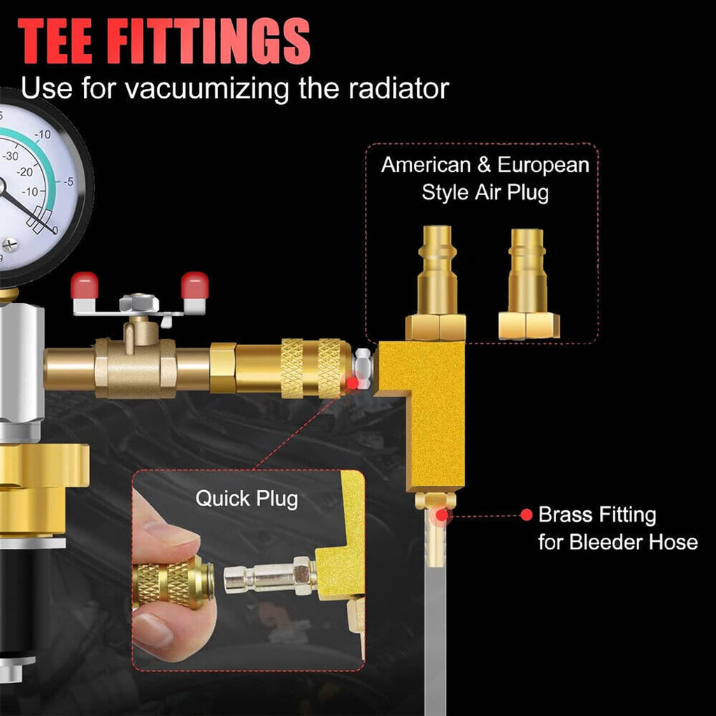 Brass tee vacuum fitting kit with quick plug and air-bleed style adapters