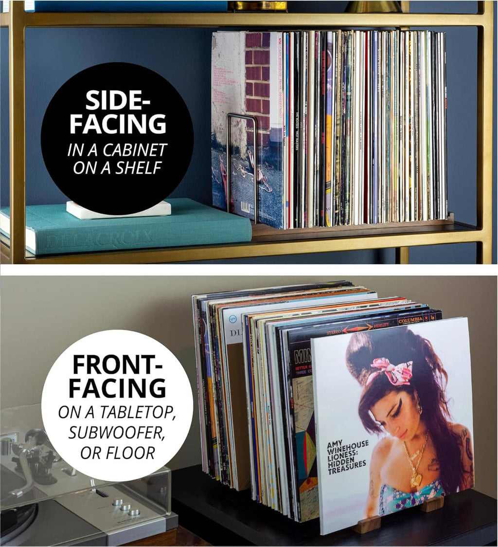Walnut front-facing vinyl record stand for tabletop or shelf display