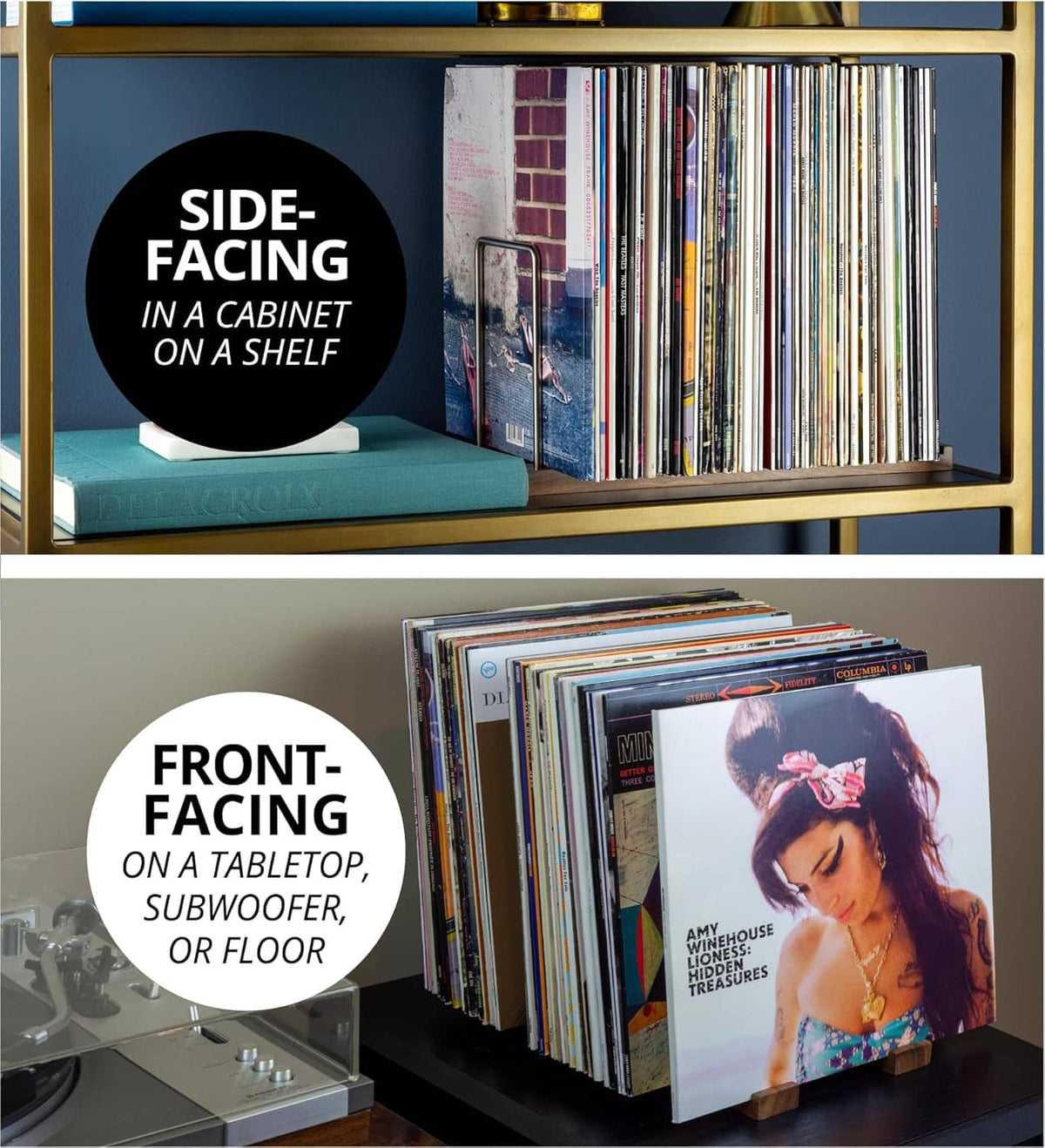 Walnut front-facing vinyl record stand for tabletop or shelf display
