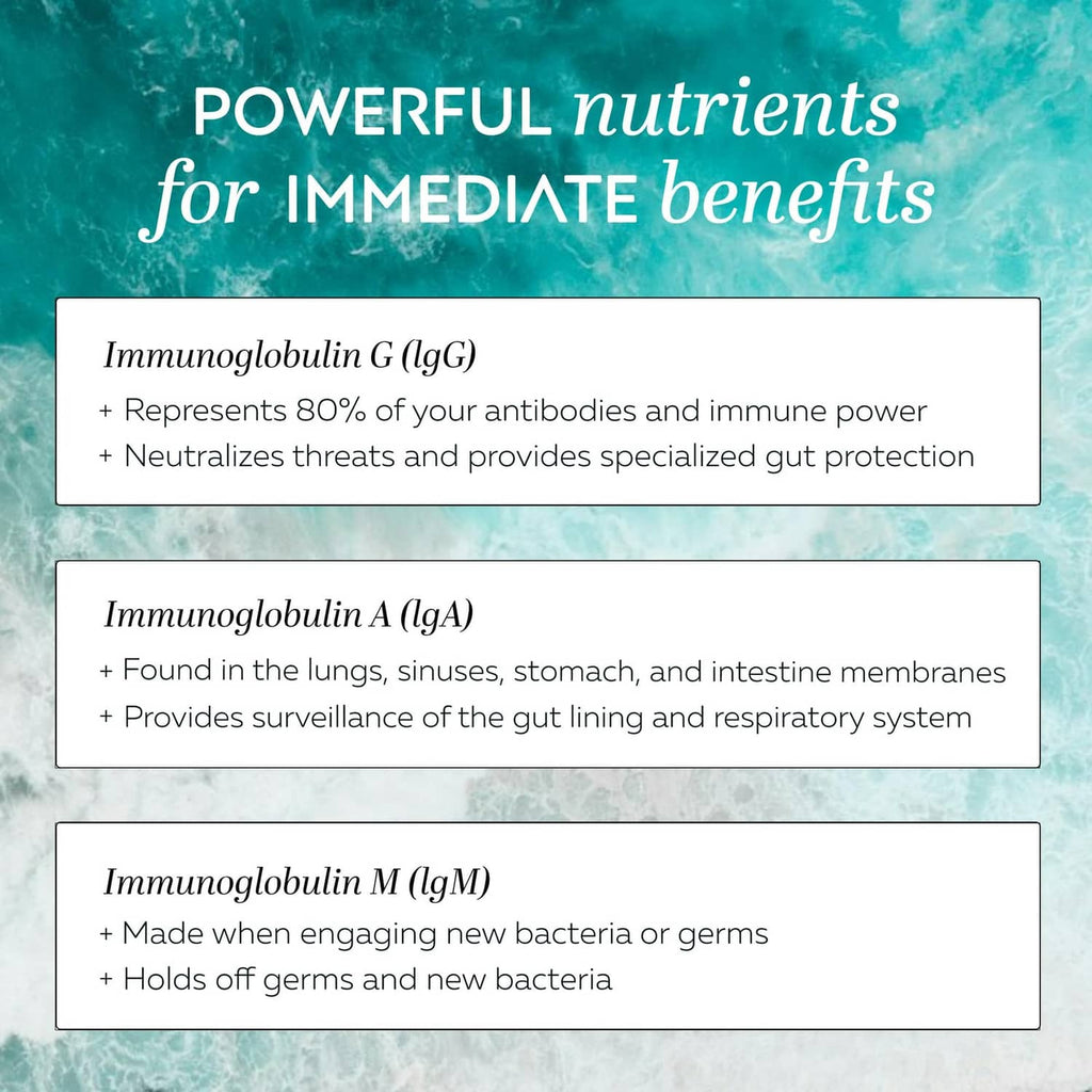 Nutrition benefits chart for immunoglobulins IgG, IgA, and IgM on supplement label