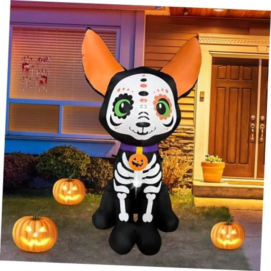 5 ft Halloween inflatable skeleton dog with orange ears and jack-o-lantern collar.