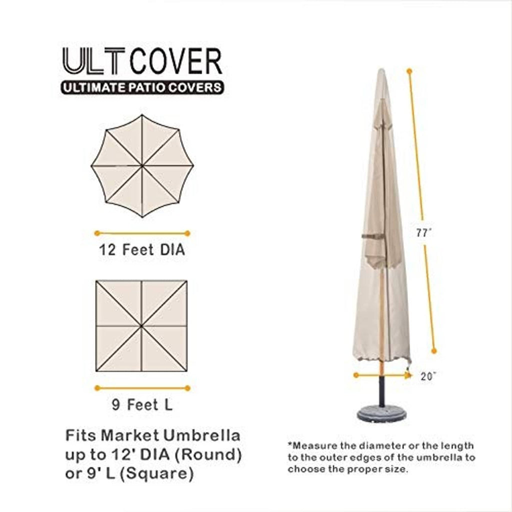 Tapered patio umbrella cover in beige on a stand with black base opening.