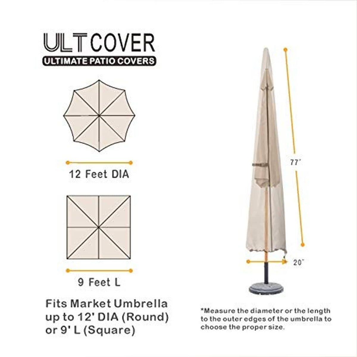 Tapered patio umbrella cover in beige on a stand with black base opening.