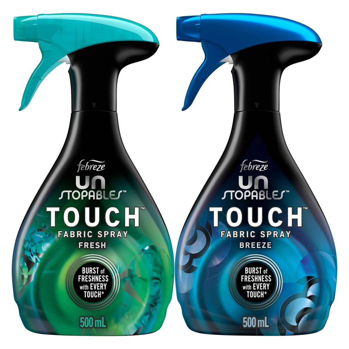 Fabric-spray bottles with teal and blue trigger nozzles