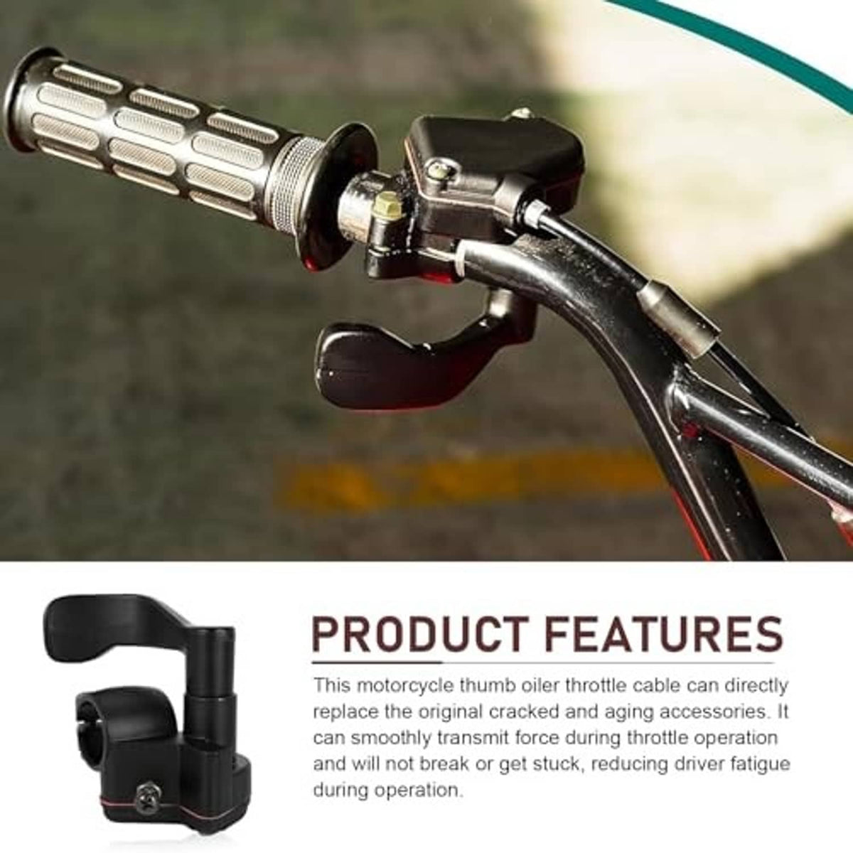 Black thumb throttle handle on motorcycle grip, showing curved lever and cable