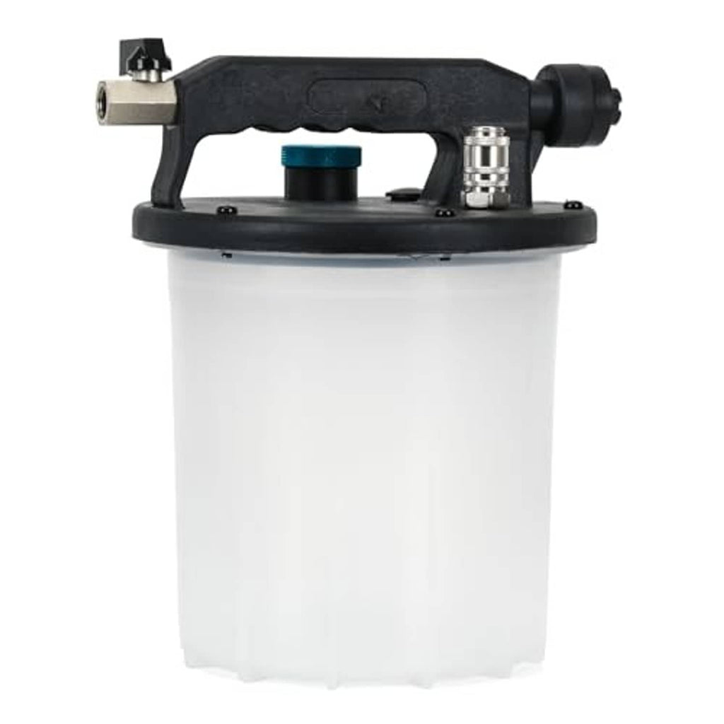 Brake vacuum pump with black handle, metal outlet, and translucent reservoir