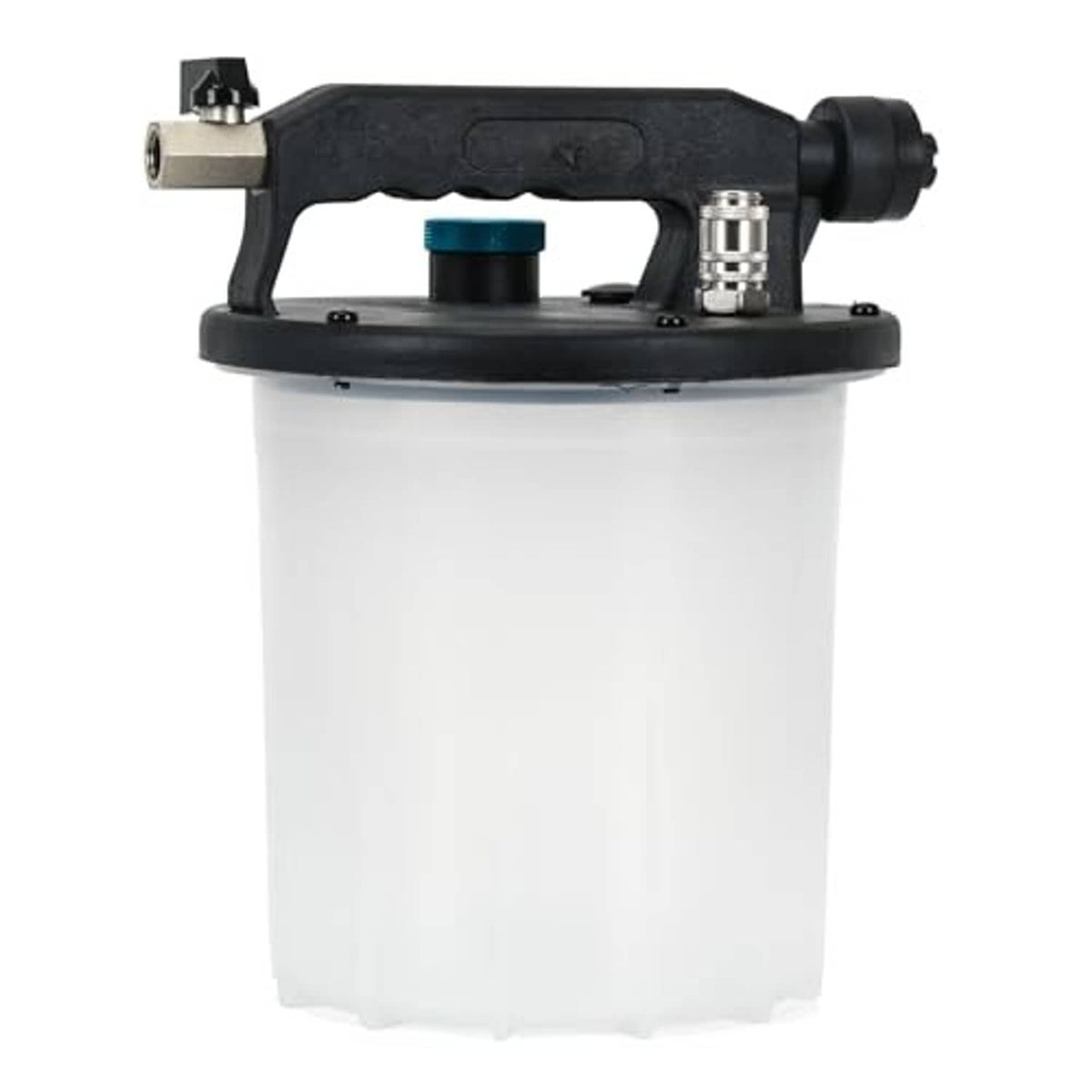 Brake vacuum pump with black handle, metal outlet, and translucent reservoir