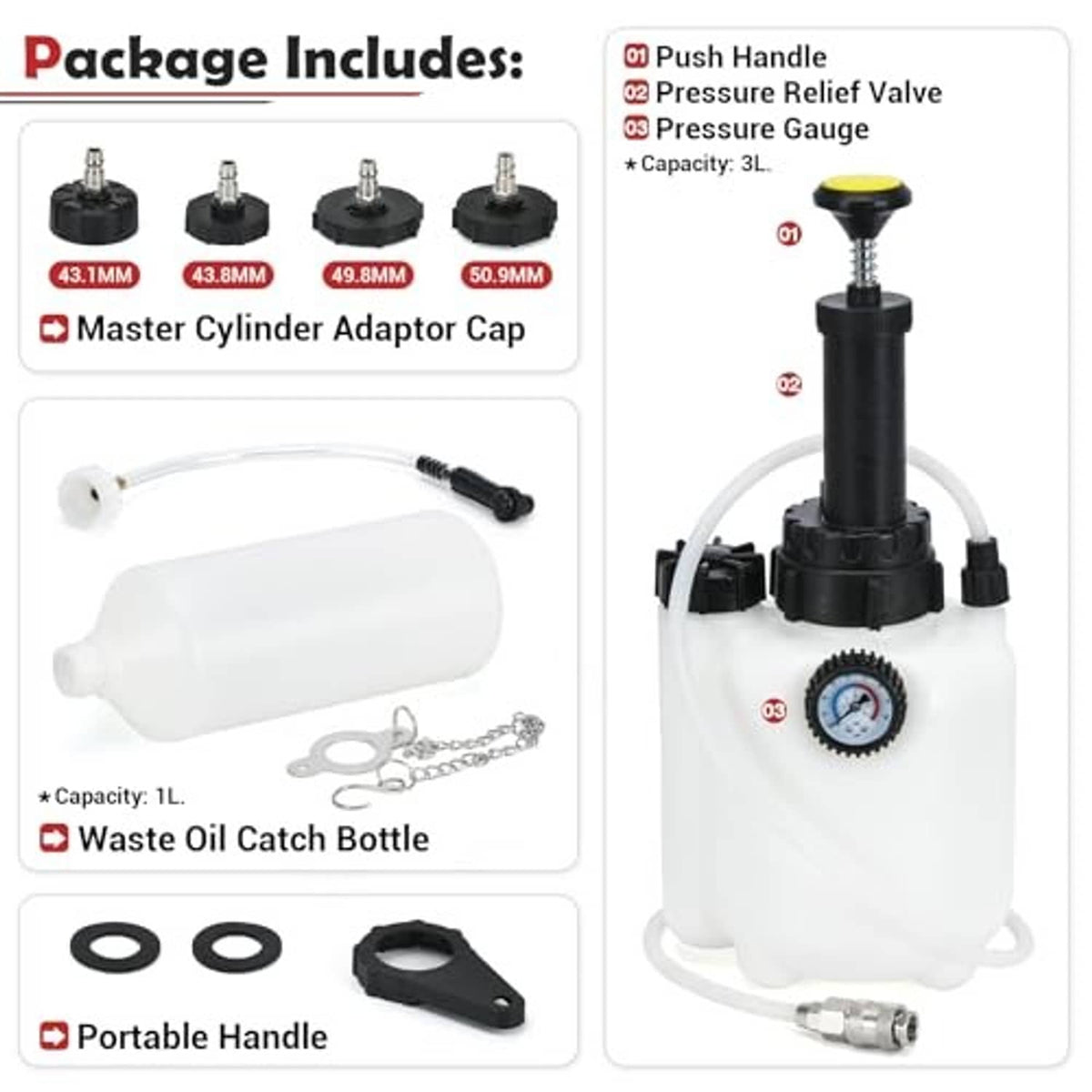 Brake bleeder kit package includes adapters, pressure gauge, push handle, and catch bottle