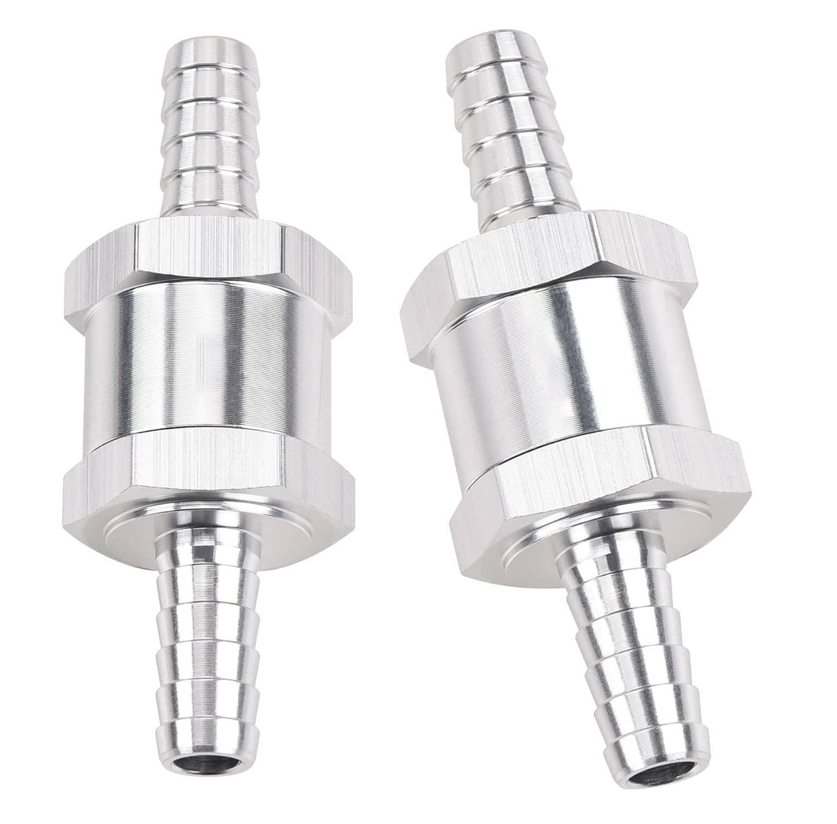 Pair of 8mm fuel line one-way check valves with barbed hose connectors and hex caps