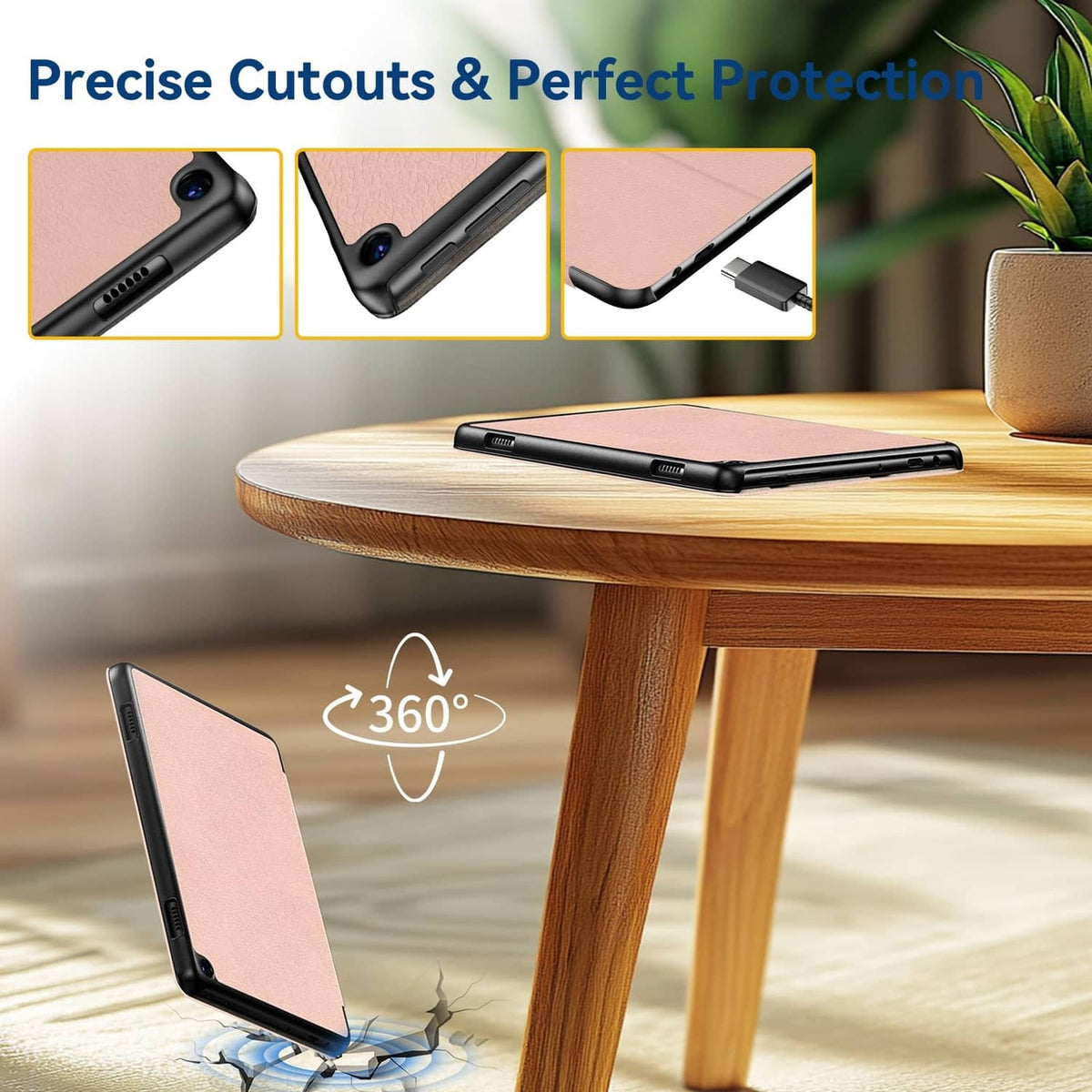 Rose gold folio tablet case propped at an angle with protective front cover