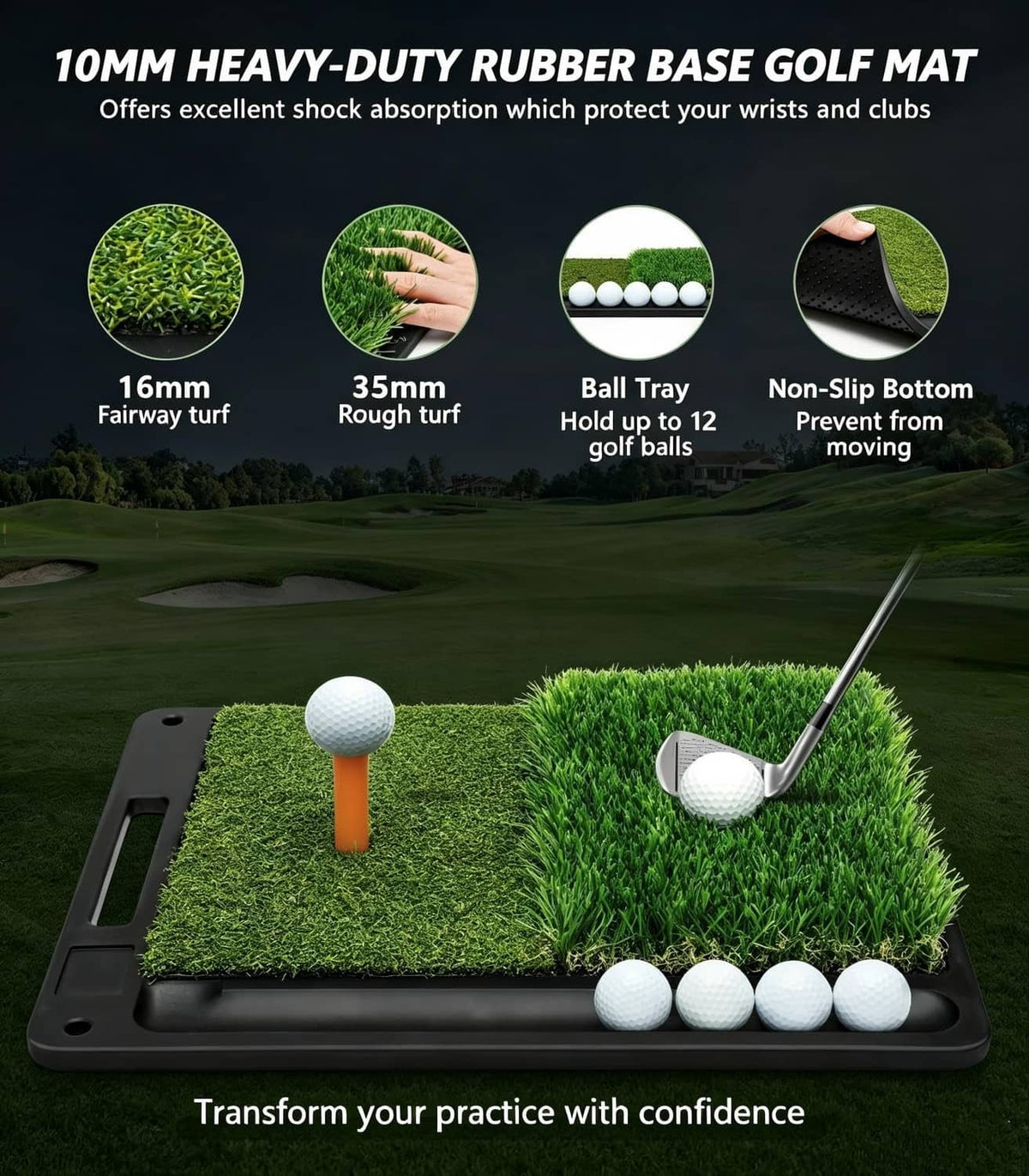 Rubber golf practice mat with green turf, ball tray and non-slip bottom