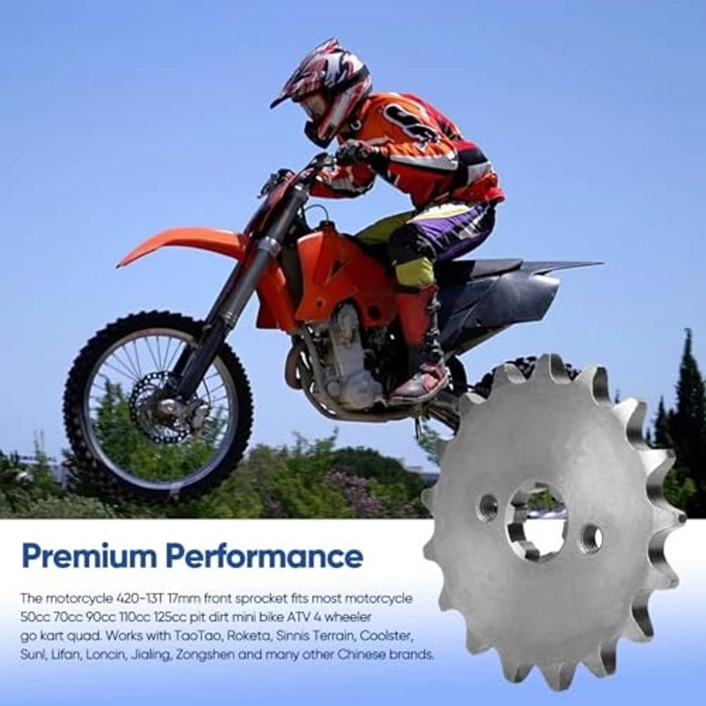 Steel motorcycle front engine sprocket with 17 teeth and center hub opening