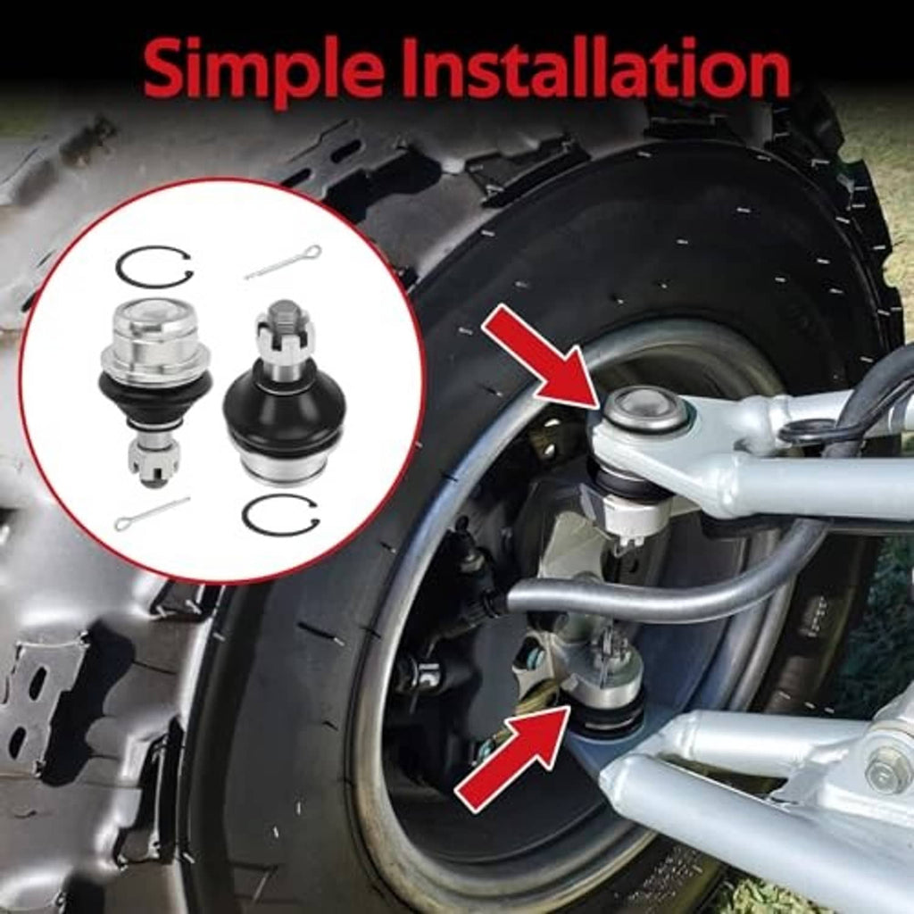 Ball joint installed on front suspension with silver link and black rubber boot