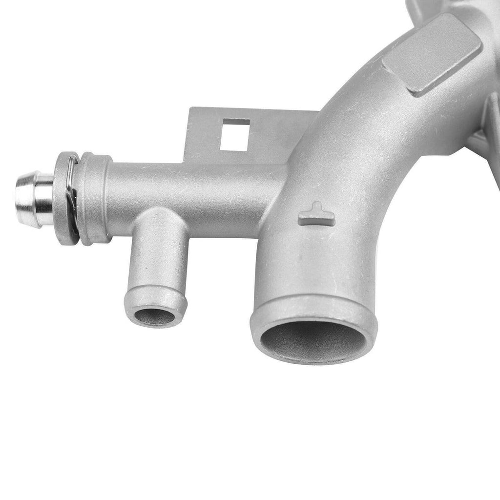 Aluminum thermostat housing water outlet with two hose outlet ports and flange