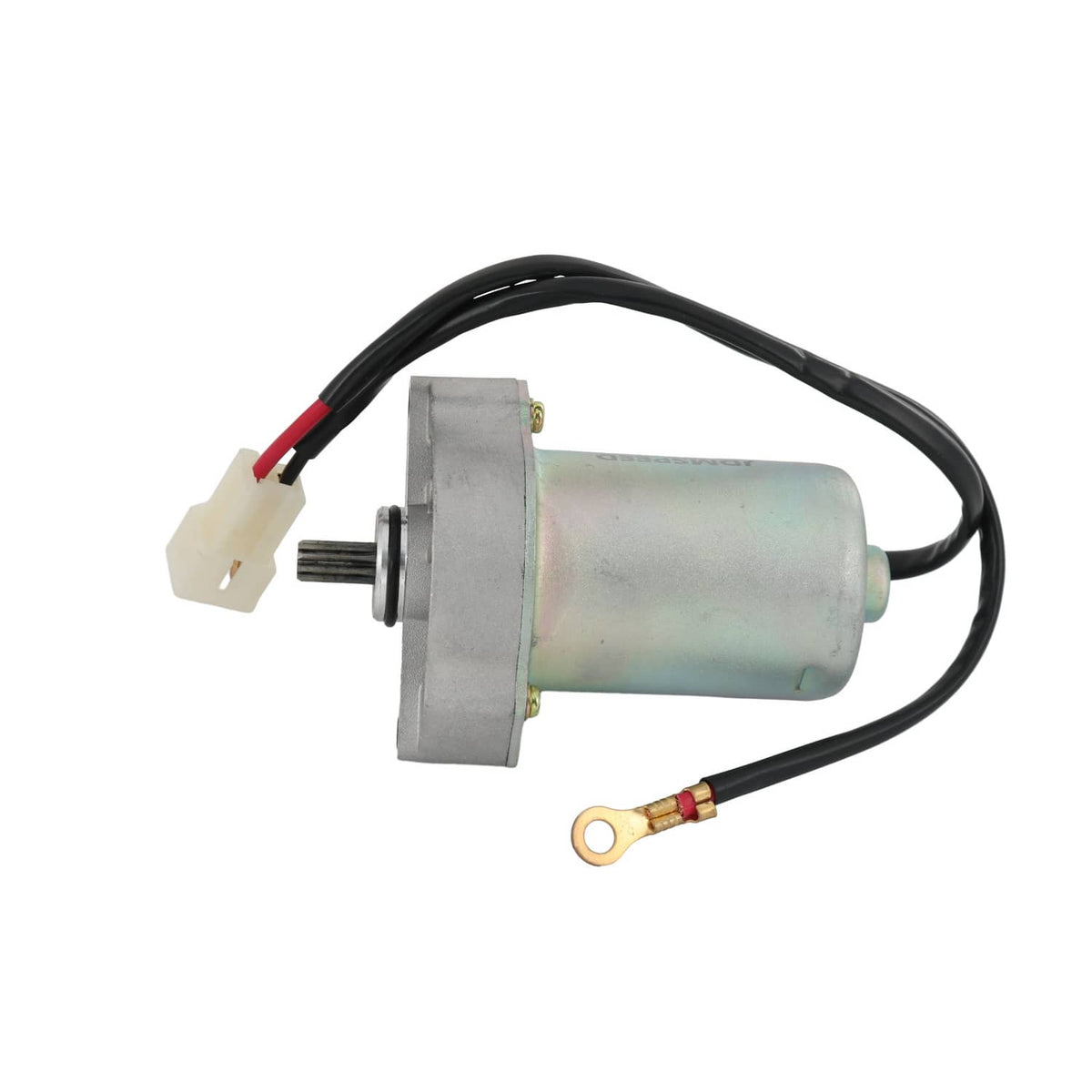 Starter motor with metal front plate, black cable, and white plug connector
