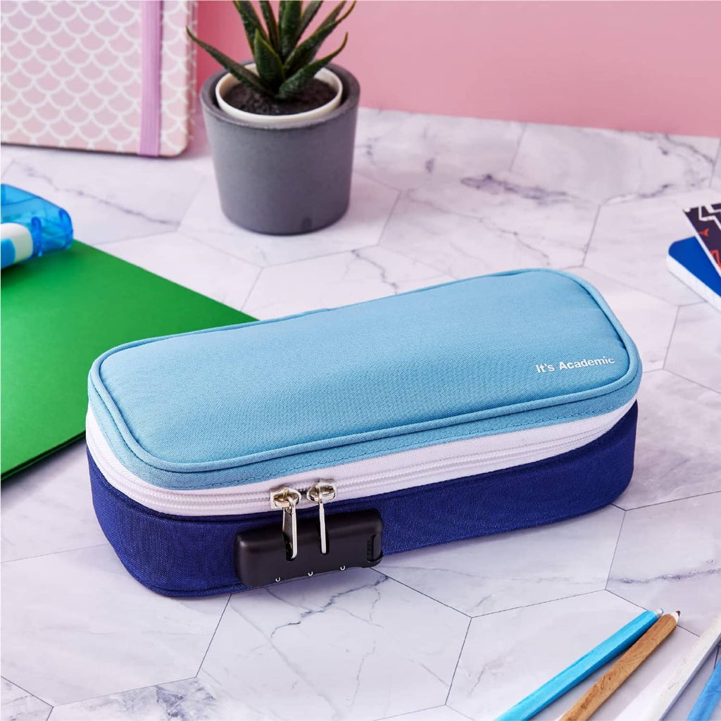 Blue locking pencil case, zipped closed with front latch and stitched logo label.