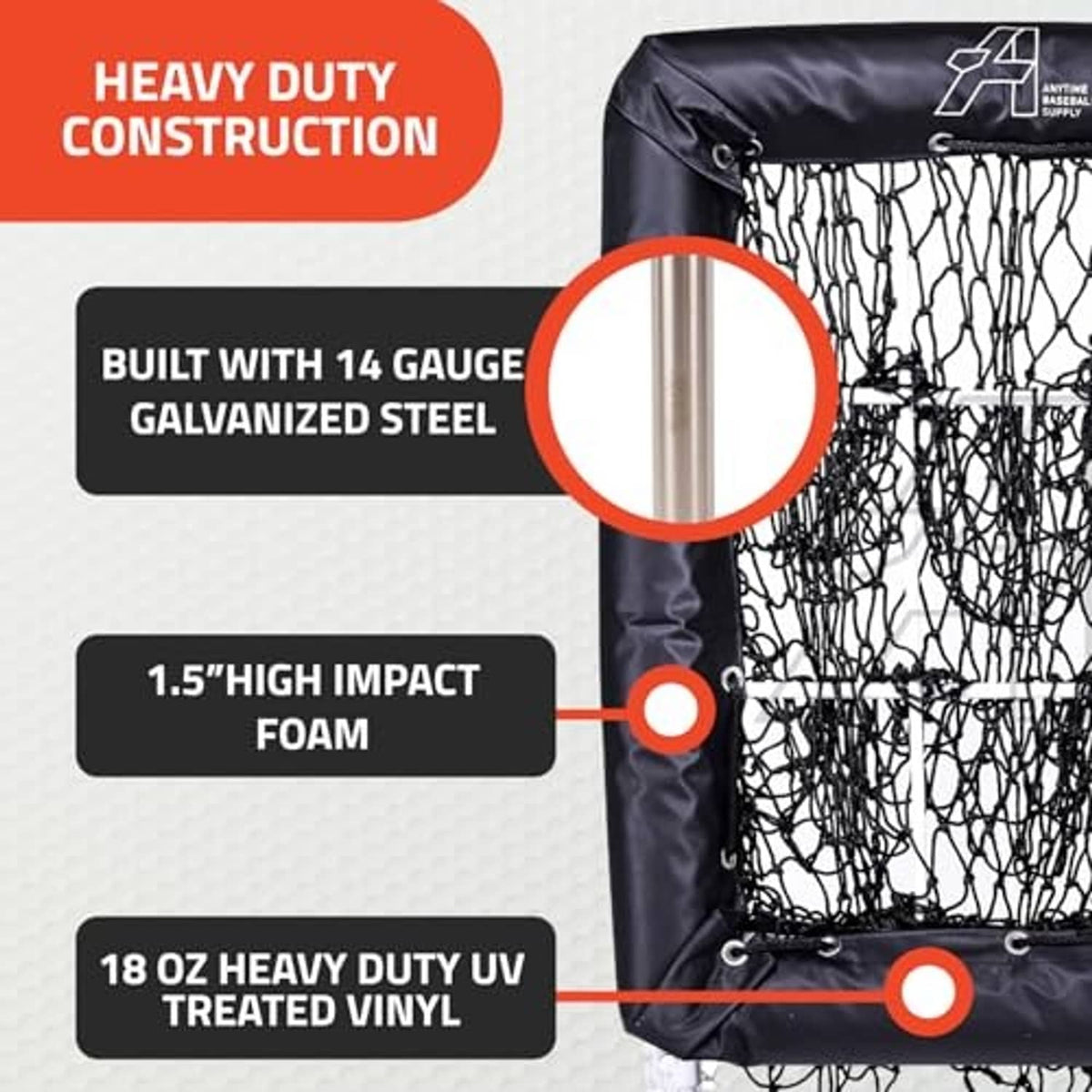 Black pitching net with reinforced frame and padded strike-zone target netting