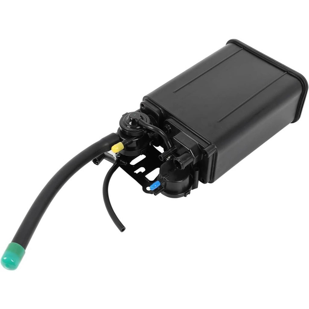 Fuel vapor charcoal canister with top cover and blue/yellow connector ports