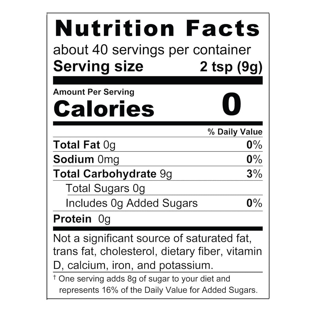 Nutrition Facts panel for allulose sweetener: 0 calories per serving