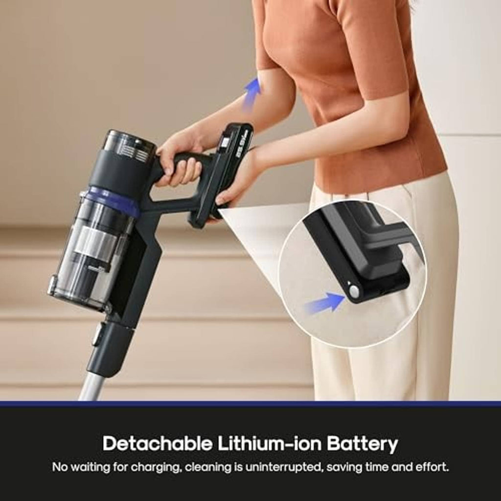 Black cordless vacuum with detachable handheld unit