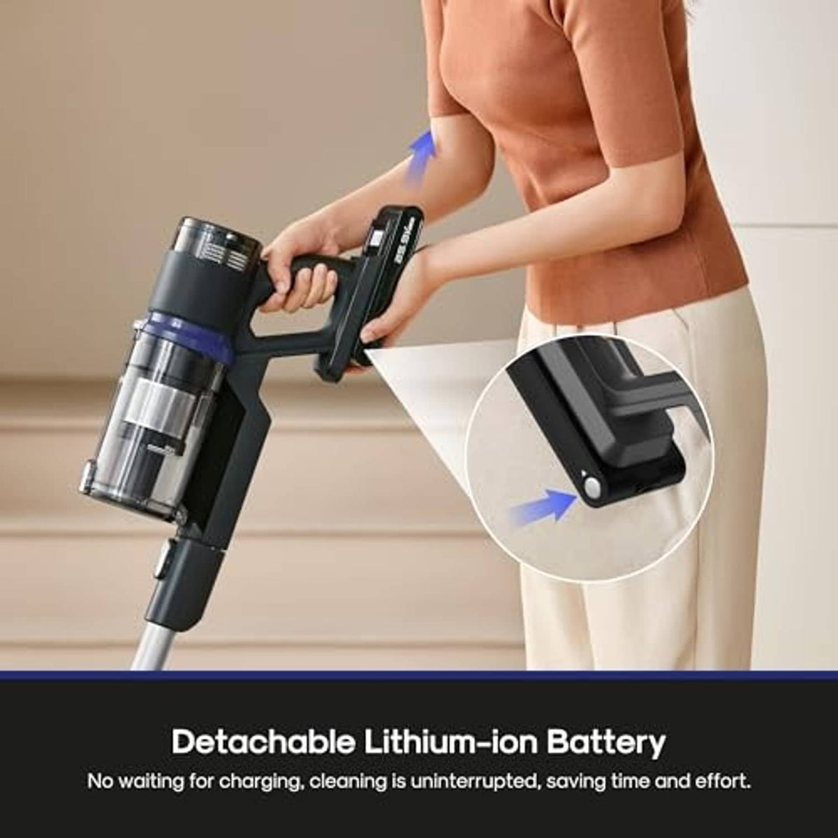 Black cordless vacuum with detachable handheld unit
