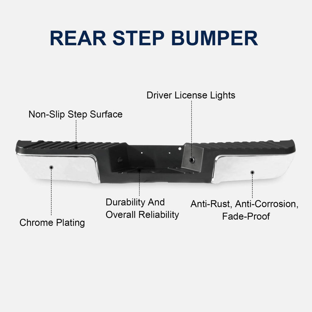 Rear step bumper with textured non-slip step surface, black finish, and chrome-trim sides