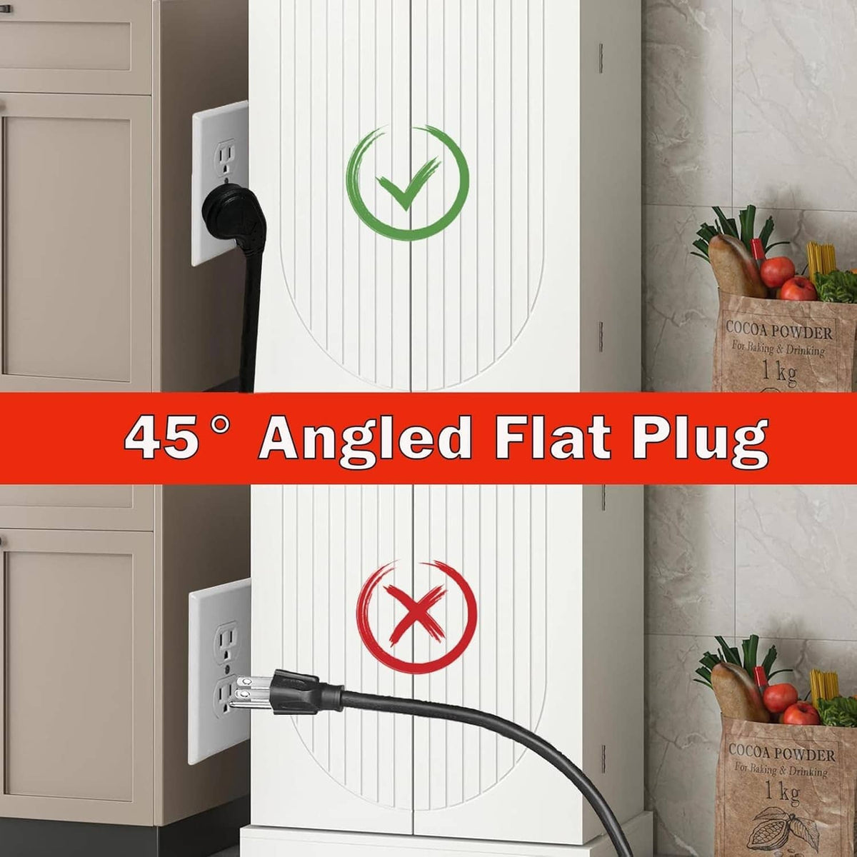 White extension cord with angled flat plug and grounded three-prong plug end.